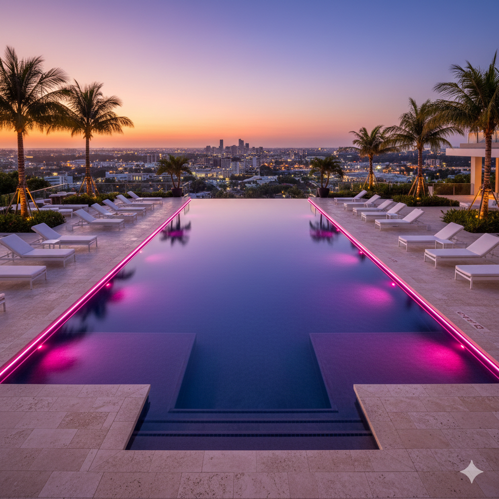 Luxury pool with fiber optic lighting creating vibrant color-changing underwater glow with no visible fixtures