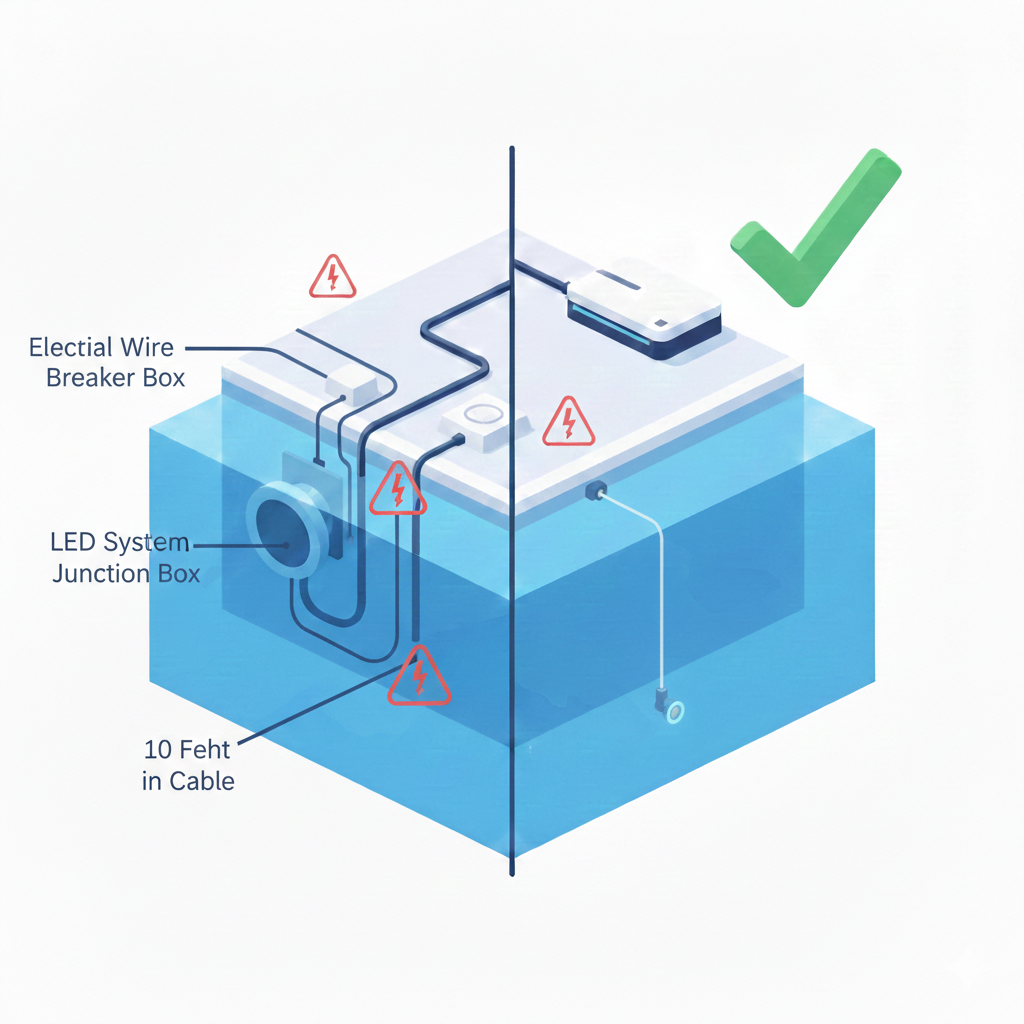 Diagram showing fiber optic pool lighting safety with zero electricity in the water compared to LED electrical components underwater
