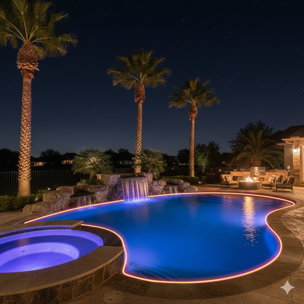 High-end residential pool at night with 360-degree fiber optic lighting creating stunning color-changing effects in blue, purple, and amber