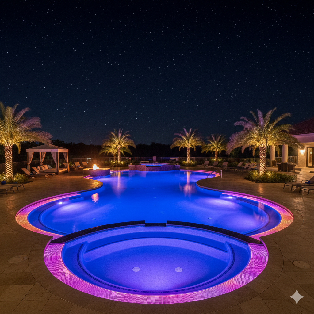 Luxury hotel pool at night with custom 360-degree fiber optic lighting creating vibrant color-changing underwater effects