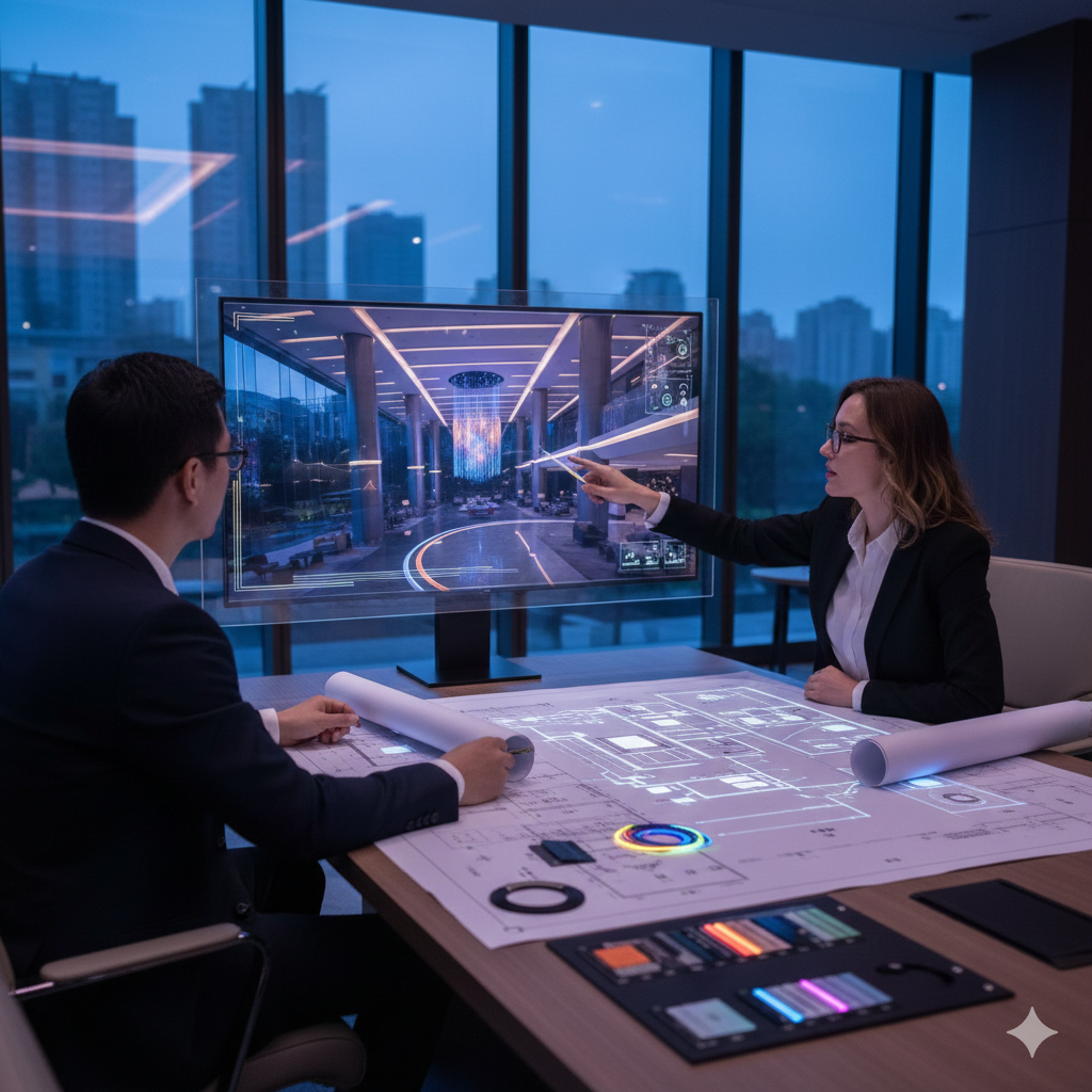 Lighting designer reviewing custom fiber optic lighting plans with 3D renderings for commercial hotel project