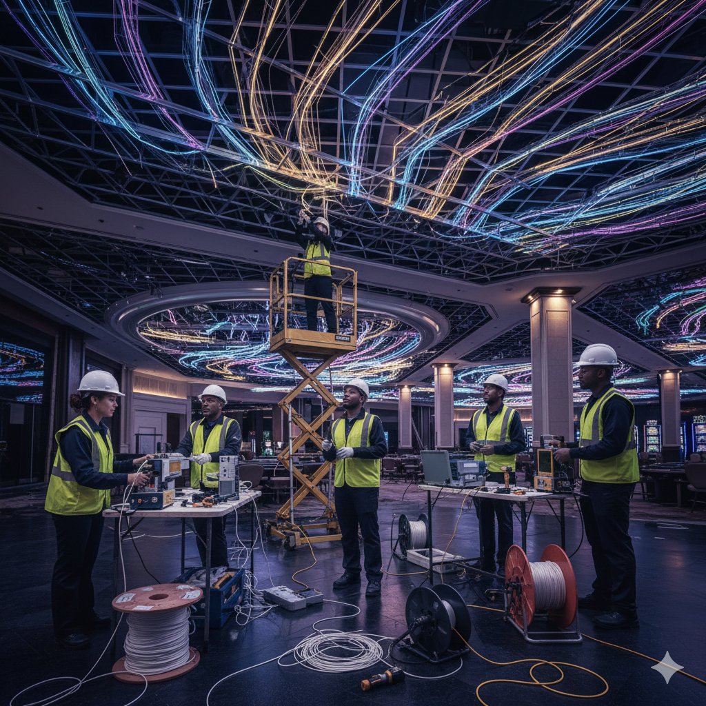 Professional fiber optic lighting installation team working on commercial casino project with specialized equipment