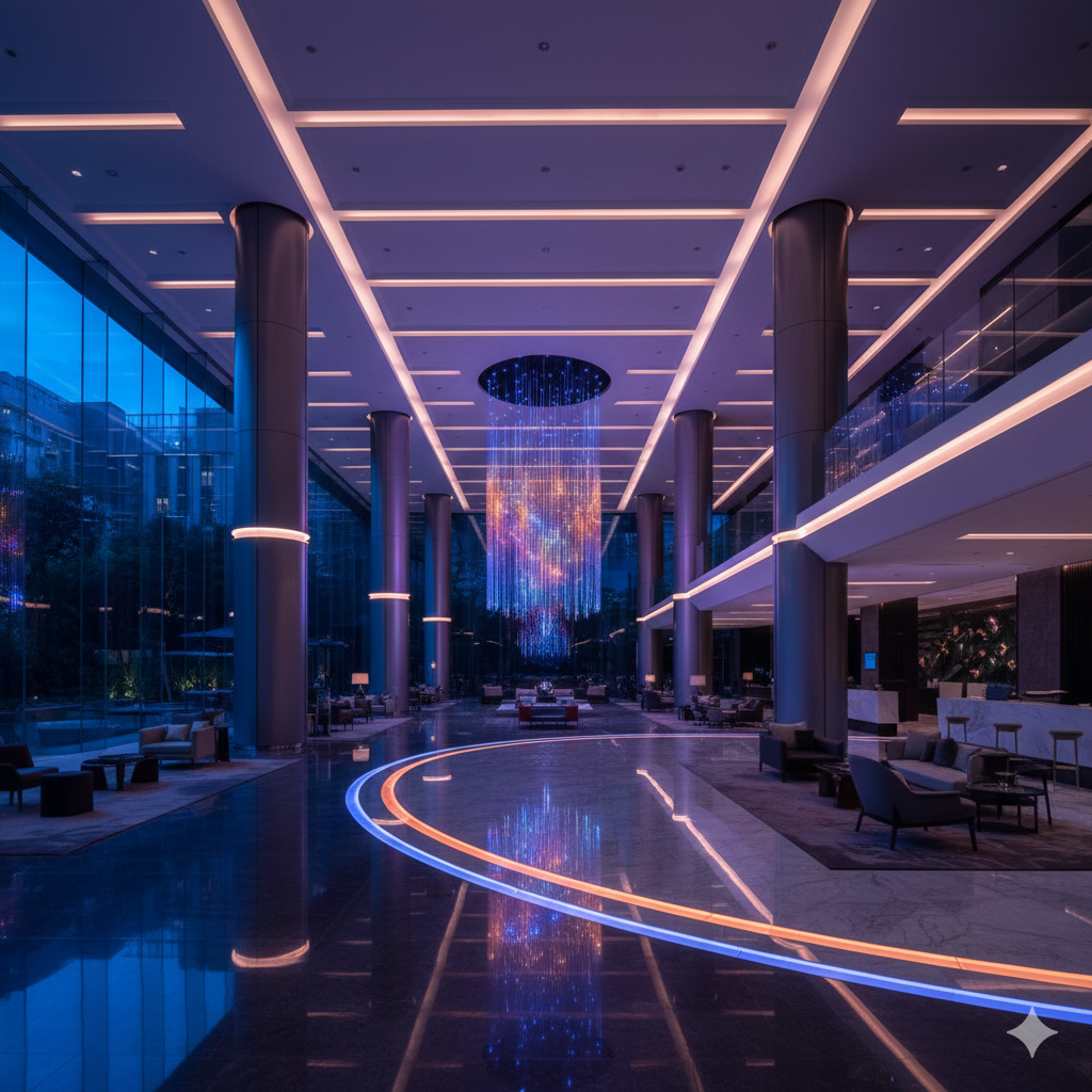 Custom fiber optic lighting installation in luxury hotel lobby with 360-degree illumination creating stunning architectural effect