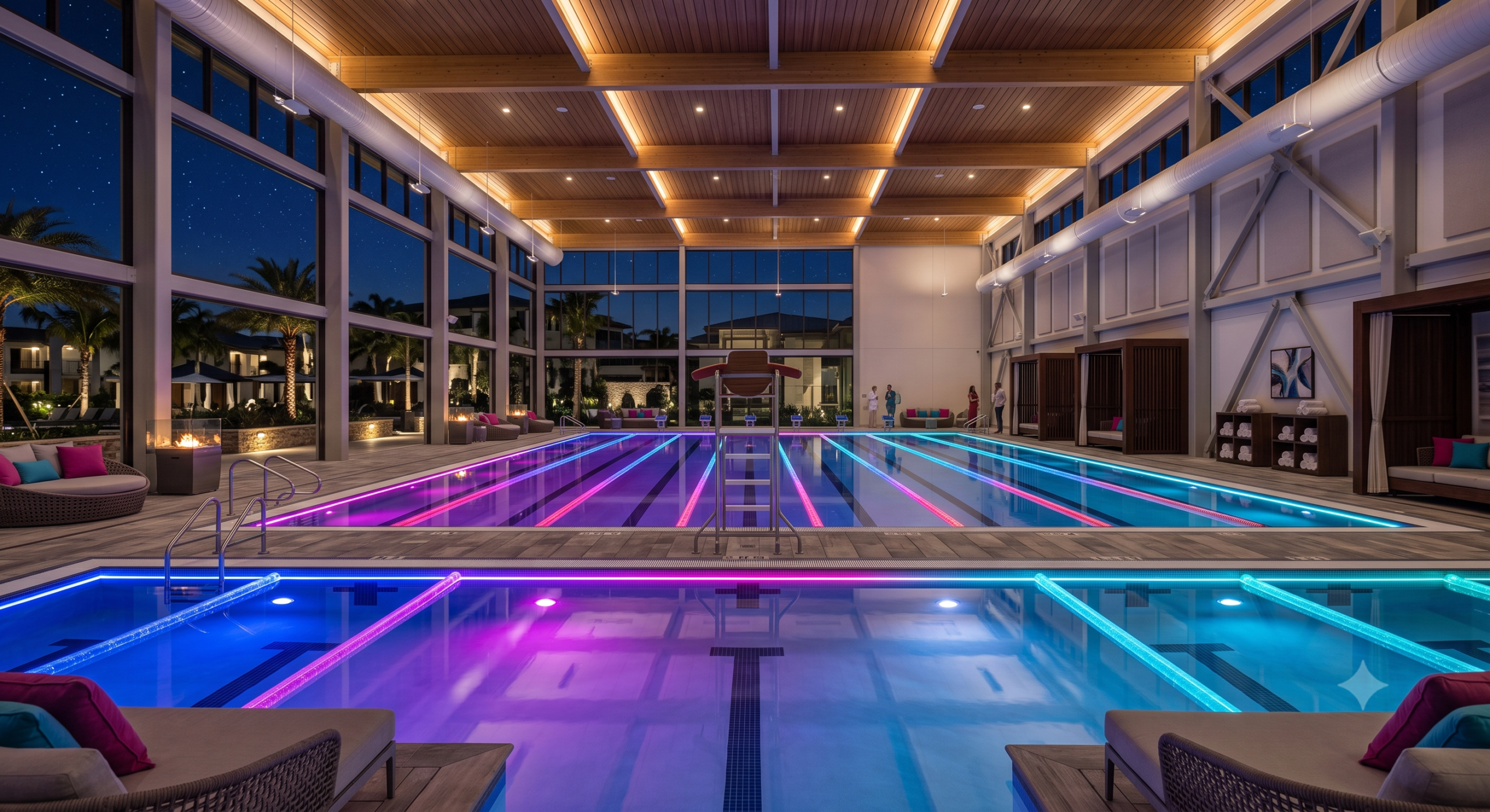 Commercial resort pool featuring 360-degree fiber optic lighting with vibrant color-changing effects and no electricity in water