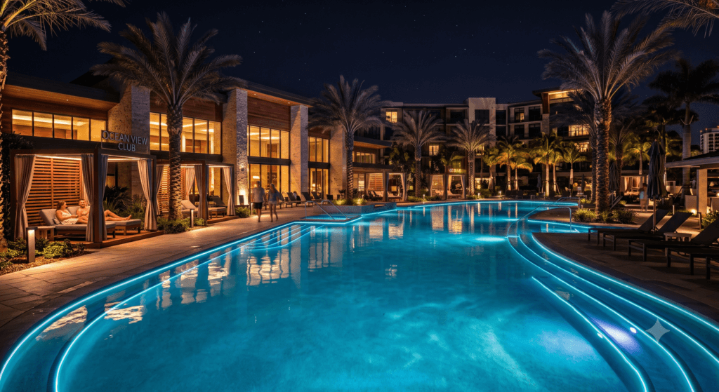 Luxury hotel resort pool at night with professional commercial LED and fiber optic lighting creating vibrant blue illumination
