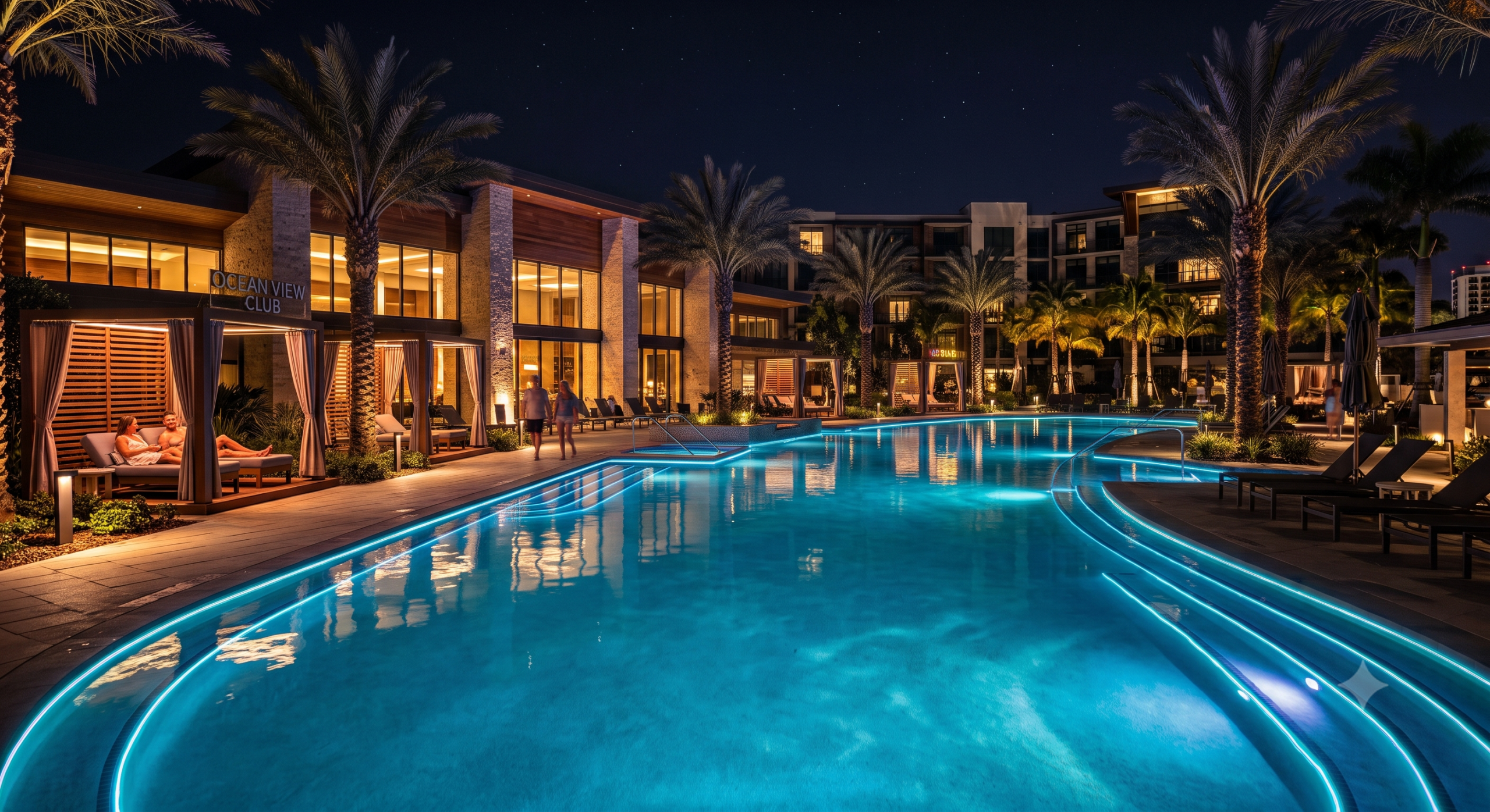 Luxury hotel resort pool at night with professional commercial LED and fiber optic lighting creating vibrant blue illumination