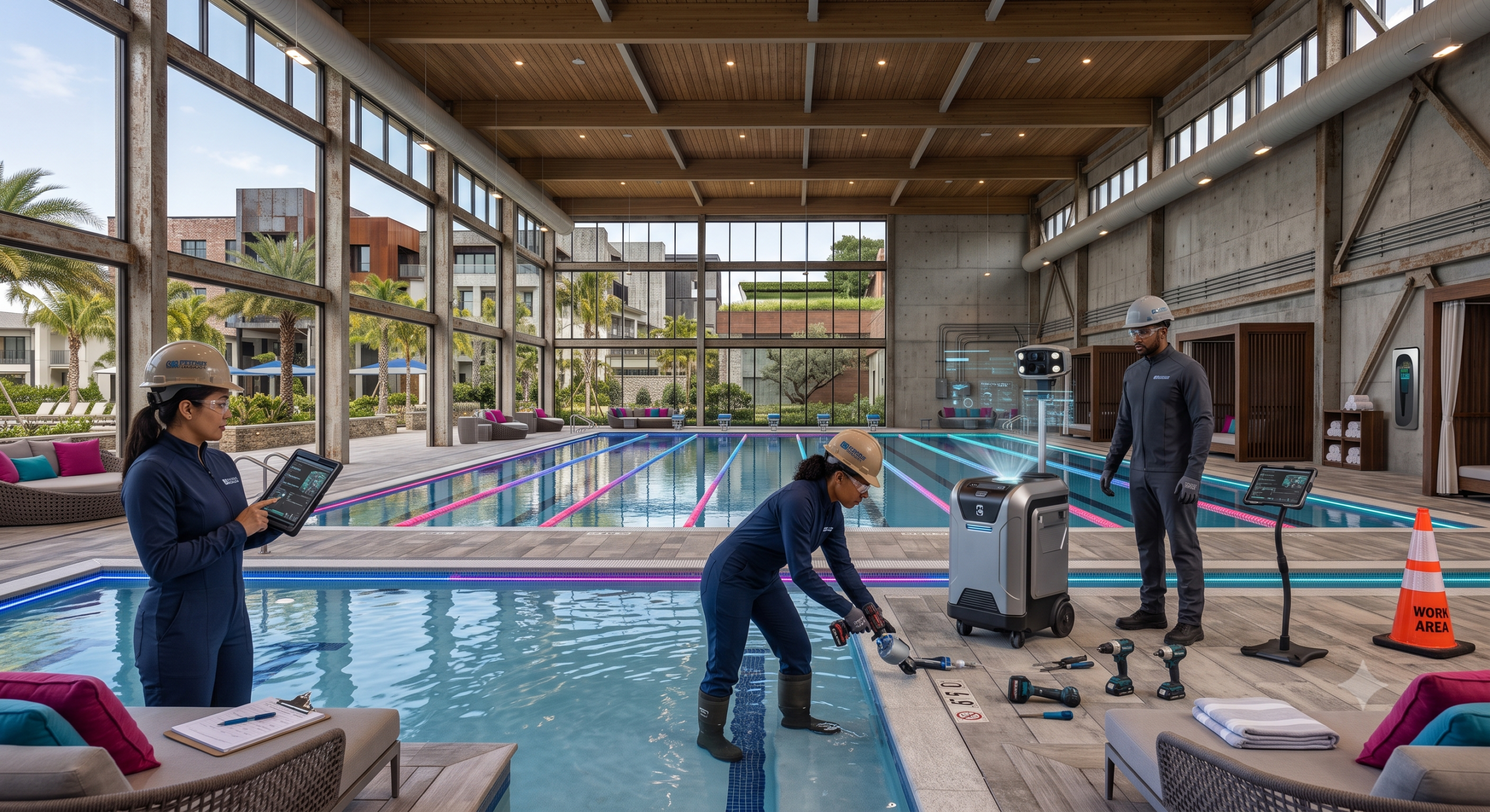 Professional commercial pool lighting installation team working on hotel pool project in Texas with specialized equipment