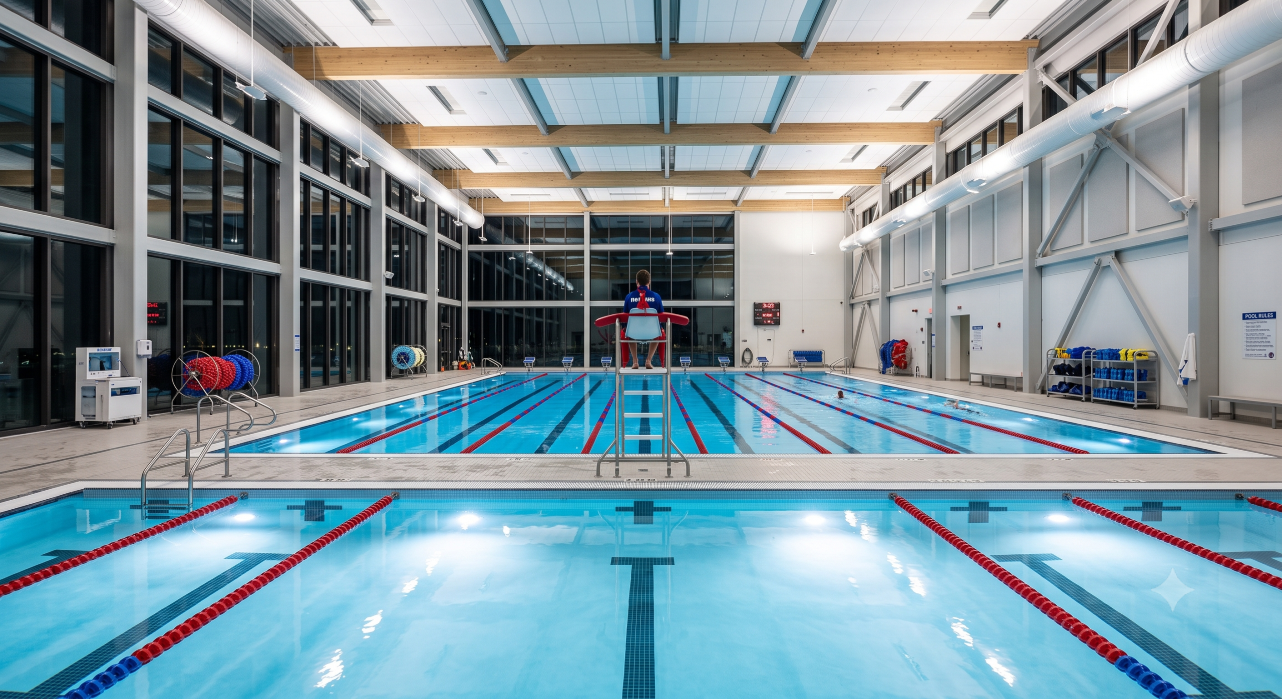 Commercial aquatic center pool with bright underwater lighting ensuring full visibility for lifeguard safety monitoring
