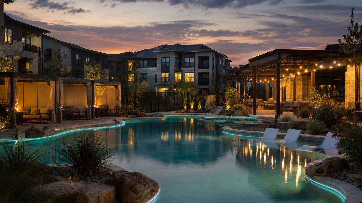 Apartment community pool in Texas at dusk with fiber optic perimeter lighting and lit cabanas